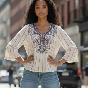 Tribal Jeans White/Gray Striped Tunic with an Embroidery at the Neck, Size S